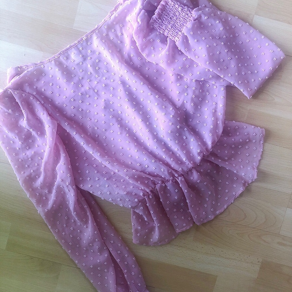 🍭🍭 Adorable Delicate Feminine Pink Blouse See Through Polka Dots Frills - Picture 6 of 10